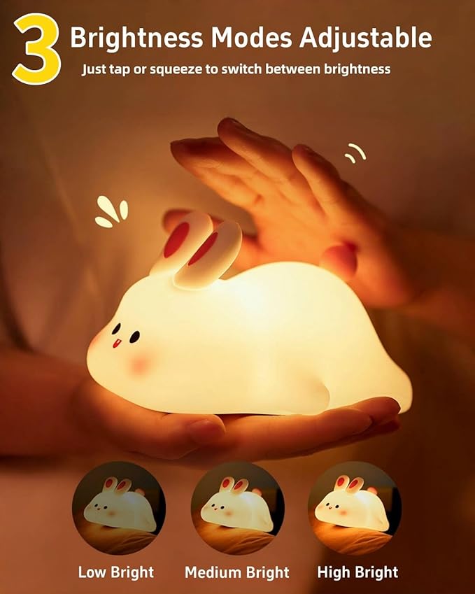 Big Face Rabbit Night Light, Cute Bunny Gifts, Silicone Squishy Rabbit Lamp, Rechargeable Dimmable Animal Nightlight, Baby Night Light for Nursery Breastfeeding Bedroom Living Room