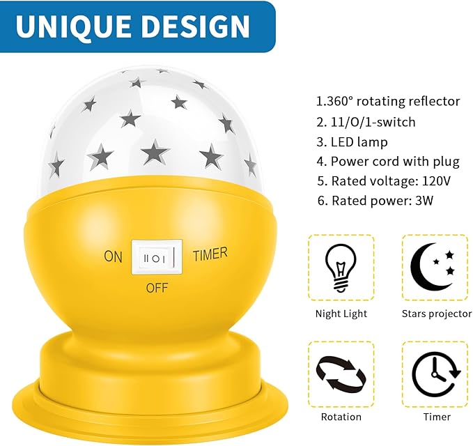 Star Night Light for Kids, 360° Rotating Starry Projector for Kid’s Bedroom with Timer, Gift Choice, 3000K,Yellow,1 Pack