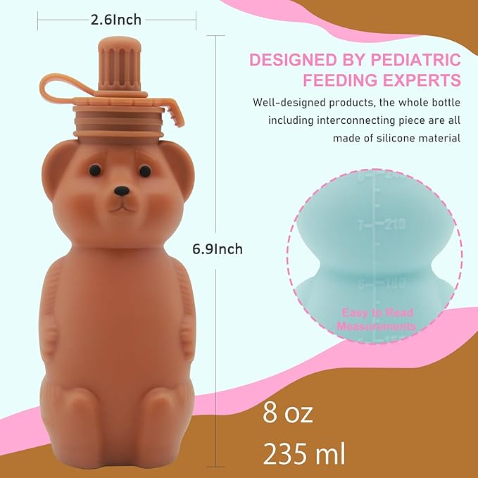 Honey Bear Silicone Straw Cup, Babies Water Drinking Cup, 8-Ounce Therapy Sippy Bottles for Speech and Feeding Training, BPA Free & Dishwasher Safe (BROWN)