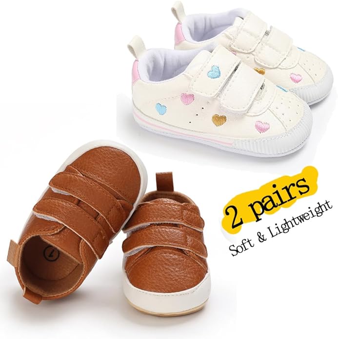 2Pairs Baby Shoes,Boys Girls Non-Slip Rubber Sole Sneakers,Unisex Infant Soft Lightweight First Walking Crib Shoes