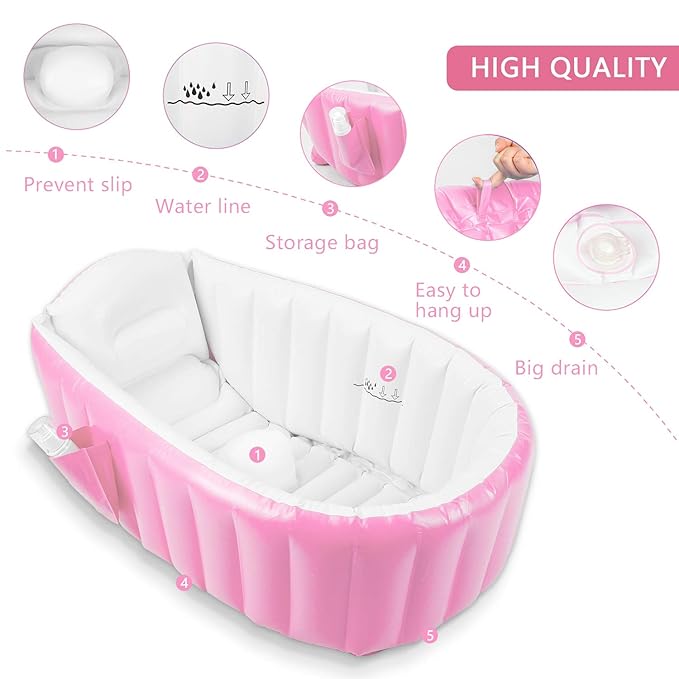 Goodking Baby Inflatable Bathtub, Portable Infant Toddler Bathing Tub Non Slip Travel Bathtub Baby Swimming Pool with Air Pump, Pink