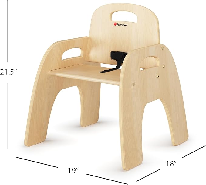 Foundations Simple Sitter Low Wood Feeding Chairs Multipack, Wide No-Tip Base, Adjustable Safety Harness, Stackable Wood Toddler Chairs with Food Service Grade Finish, 2 Pack (11 inch)