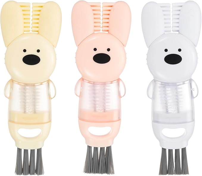 uxcell 3pcs Cup Lid Cleaning Brush, Water Bottle Cleaner Brush with Rabbit Pattern, for Tight Spaces, Bottle Gap Beige/Pink/White