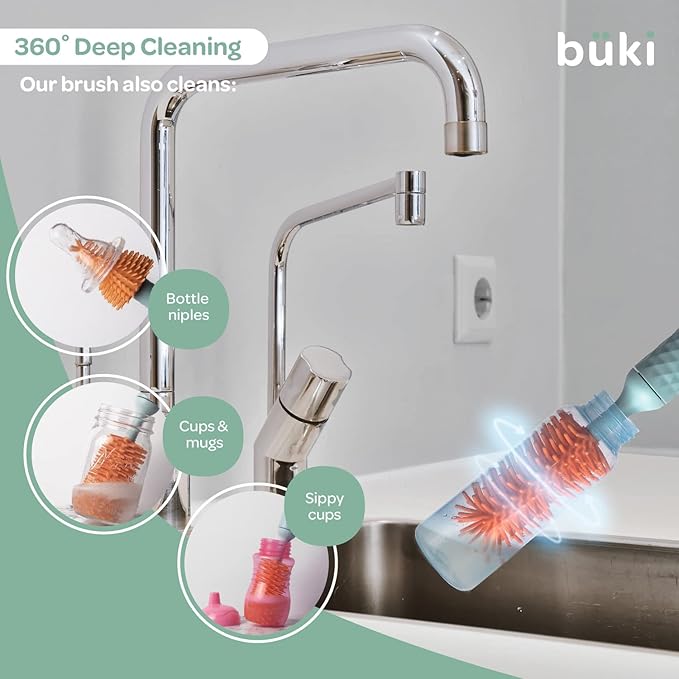 Büki Electric Baby Bottle Cleaning Brush Set - Rechargeable Electric Bottle Brush with Straw Cleaner - Water Bottle Cleaning Kit, Nipple Brush, 1200mAh Brush Cleaner (by Kindersense)