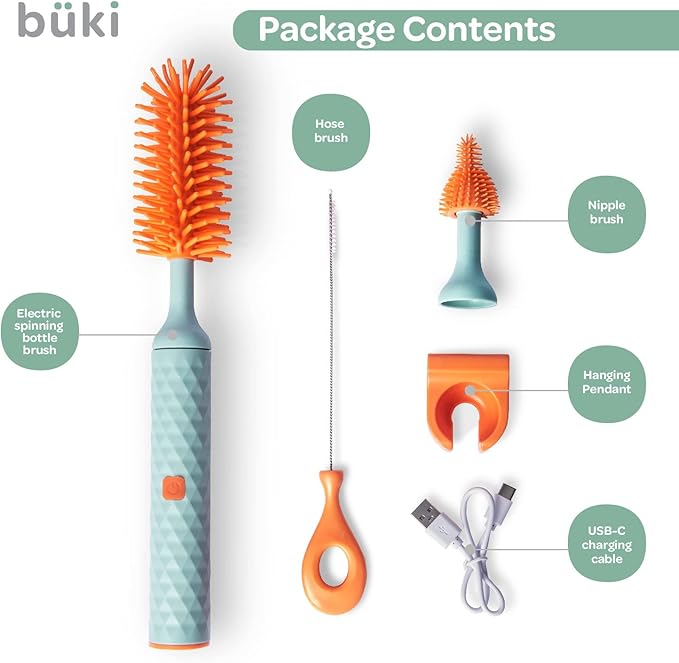 Büki Electric Baby Bottle Cleaning Brush Set - Rechargeable Electric Bottle Brush with Straw Cleaner - Water Bottle Cleaning Kit, Nipple Brush, 1200mAh Brush Cleaner (by Kindersense)