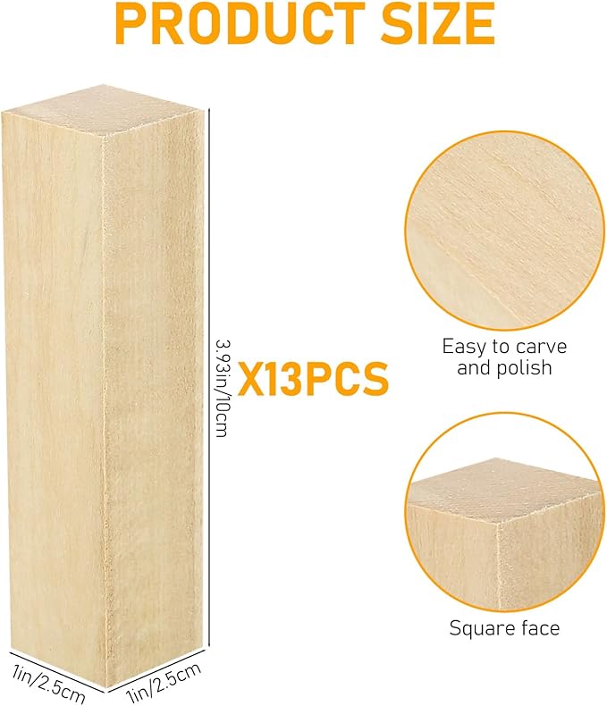 13 Pcs Unfinished Wooden Blocks for Crafts, Basswood Carving Blocks, Basswood for Wood Carving Blocks, Bass Wood for DIY Crafting Whittling for Adults Beginner Experts - 3.9x1x1