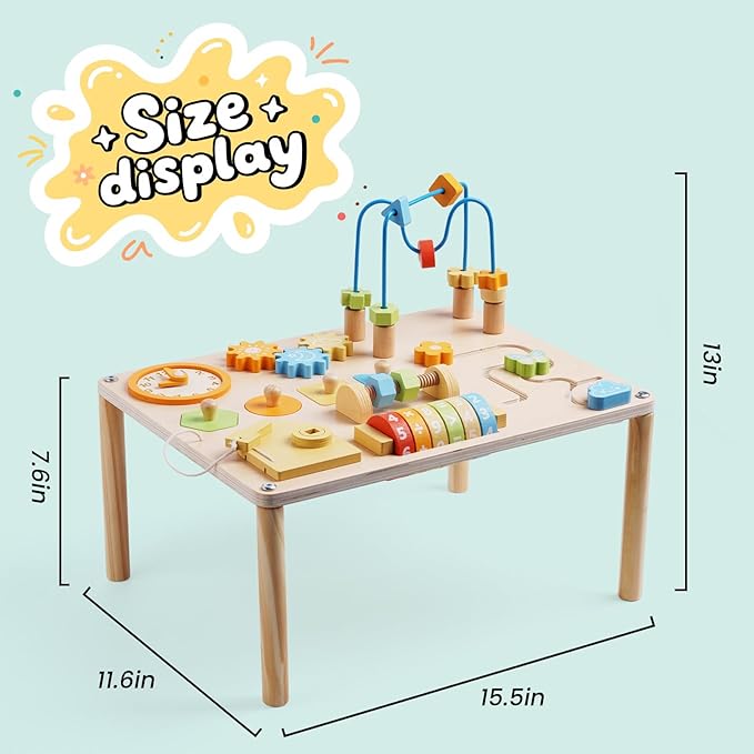 Activity Table for 1+ Year Old, 8-in-1 Wooden Montessori Activity Center Table with Shape Sorter Math Game Bead Maze, Baby Sensory Toy Learning Toys for Toddler First Birthday Gift