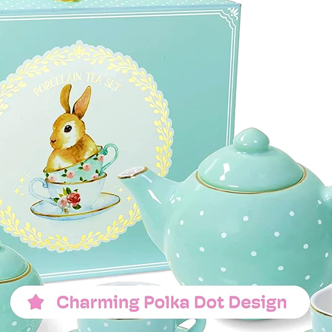 Jewelkeeper 13 Piece Toddler Porcelain Tea Party Set - Exquisite Tea Cup Set for Kids - Includes Sugar Bowl, Creamer, Saucers in a Carrying Case - Turqouise Polka Dot
