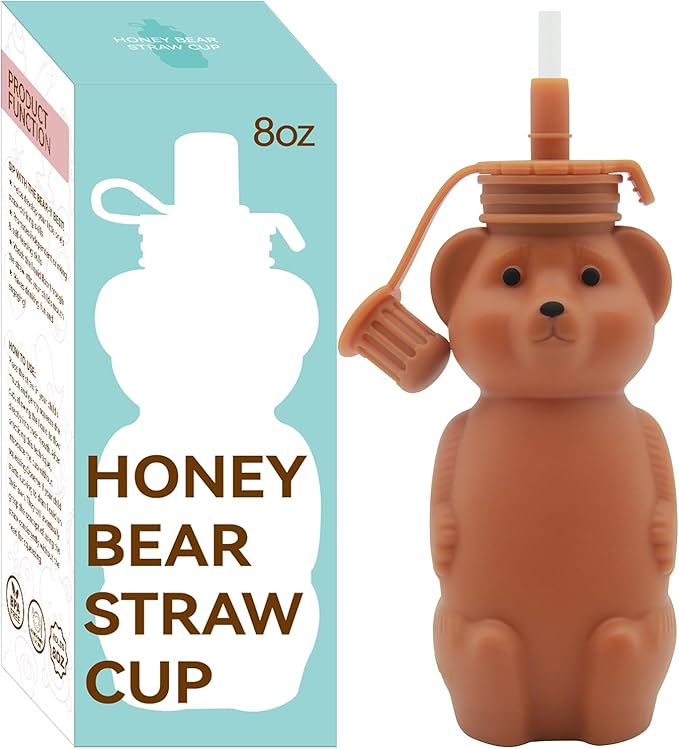 Honey Bear Silicone Straw Cup, Babies Water Drinking Cup, 8-Ounce Therapy Sippy Bottles for Speech and Feeding Training, BPA Free & Dishwasher Safe (BROWN)