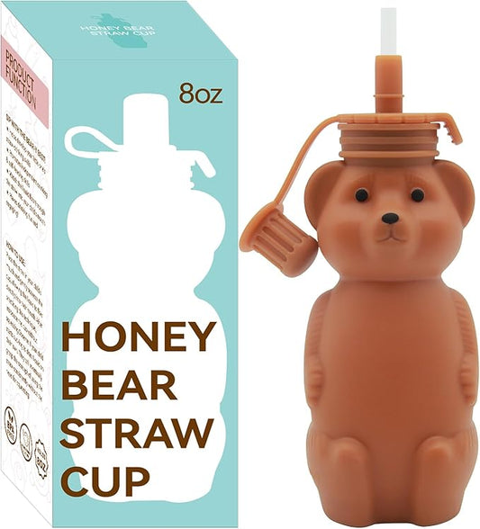 Honey Bear Silicone Straw Cup, Babies Water Drinking Cup, 8-Ounce Therapy Sippy Bottles for Speech and Feeding Training, BPA Free & Dishwasher Safe (BROWN)