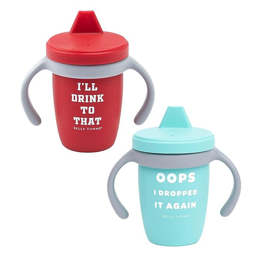 Bella Tunno Sippy Cup, Set of 2 Silicone Training Cups with Transition Handles for Infants, Toddlers & Kids, Babies 6-12 Months & Toddlers 1-3 Years, Boys & Girls, I'll Drink to That & Dropped it