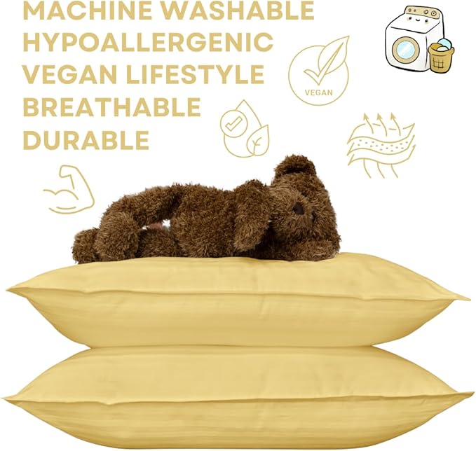 kinder Fluff Children Pillow (2Pack) 10x15in - First Pillow for Kids Age 2+, 100% Cotton Sateen Stripes Shell 300T, Down Alternative Fill, Machine Washable - Children & Travel Cushion - Yellow - XS