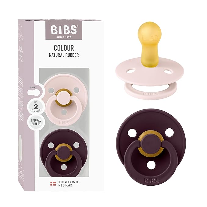 BIBS Colour Pacifier 2-Pack, BPA Free, Round Nipple. Natural Rubber Latex, Made in Denmark, Size 2 (6-18 Months) - Petal/Plum