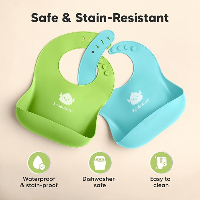 KeaBabies 2-Pack Silicone Baby Bibs for Eating - Sturdy Food-Grade Silicone Bibs for Babies Girl, Boy, Large Food Catcher, Clean & Put On Easily, Waterproof Toddler Feeding Essentials (Cloud Nine)