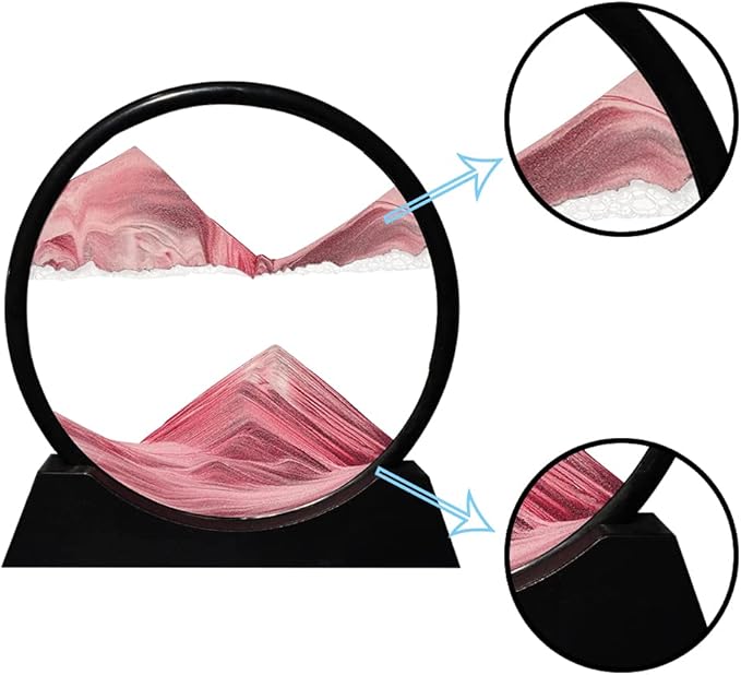 Aoderun Moving Sand Art Picture Round Glass 3D Deep Sea Sandscape in Motion Display Flowing Sand Frame Relaxing Desktop Home Office Work Decor (7", Pink)