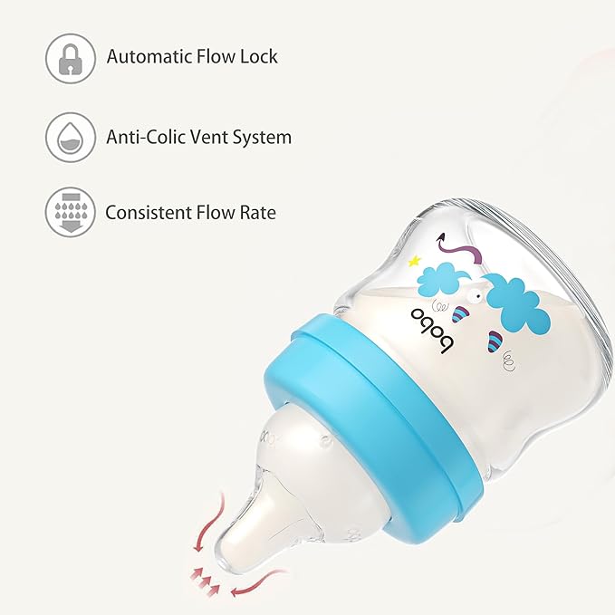 YOHKOH Glass Baby Bottles with Slow Flow Nipple, Newborn Anti-Colic Baby Bottles for 0+ Months, Wide Neck Feeding Bottle, Clear (Blue, 2.7oz (Pack of 2))