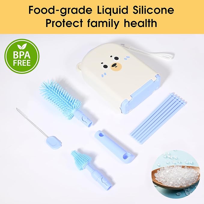 Portable Baby Bottle Brush Set, 7-in-1 Travel Baby Bottle Cleaning Kit, Portable Bottle Washing Kit with Silicone Bottle Brush, Nipple Brush, Straw Brush, Drying Rack for Home and Travel (Blue)