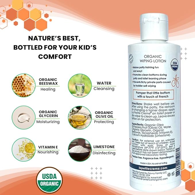 La Petite Creme French Premium Liniment Wiping Lotion for Kids (8 oz) - Potty Training Solution - Skin Cleanser & Moisturizer - Girls and Boys - USDA Certified Organic and EWG Verified