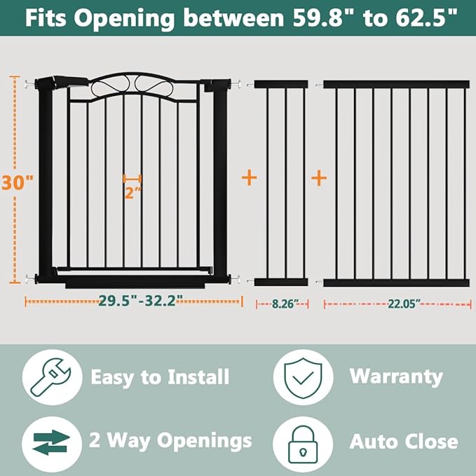 Black Baby Gate with Door-Walk Through Baby Gates for Stairs Pressure Mounted no Drill-Indoor Tension Metal Child Pet Dog Safety Gate 59.84"-62.59" Wide