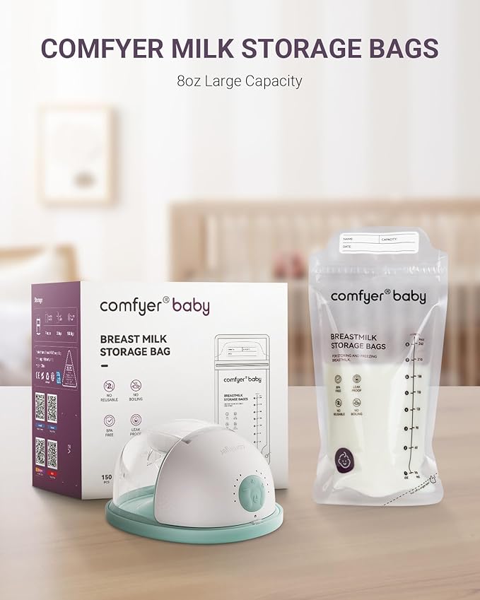 150 Pcs Breastmilk Storage Bags, 8oz Large Capacity, No Leak, Easy Storage with Self Sanding or Lay Flat, in-Out Seperate Design, Recyclable & BPA Free