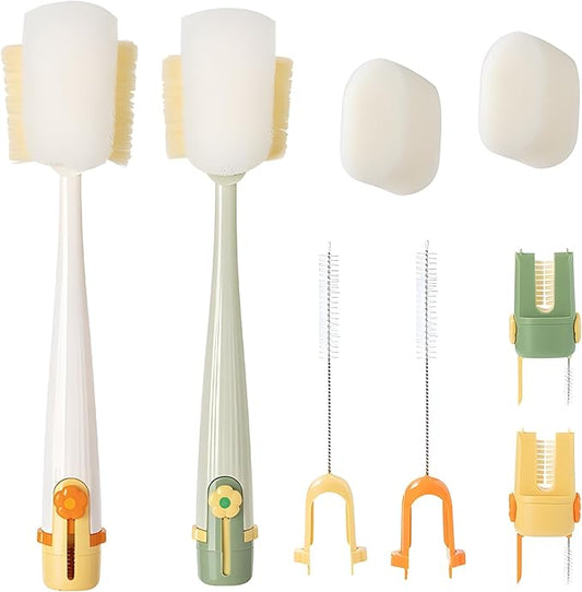 5 in 1 Bottle Cleaning Brush Set, 2025 Multifunctional Lid Brush Cleaning Tool Kitchen, Portable Long Handle Bottles Scrubber for Cup Lids, Hard Bristle Sponge Head Bottle Brushes (Green and White)