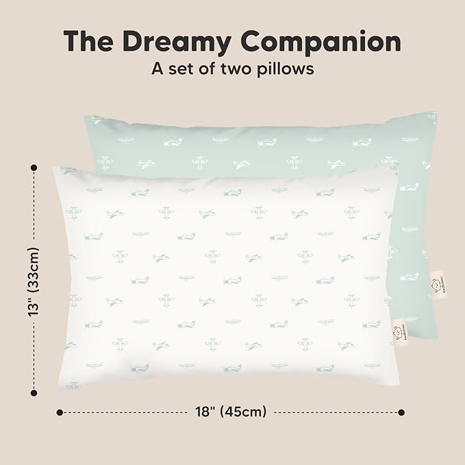 KeaBabies 2-Pack Toddler Pillow 13x18 - Soft Organic Cotton Kids Travel Bed Pillows for Sleeping, School, Nap, Machine Washable, Toddlers 2 to 5, Pillowcase Sold Separately (Planes)