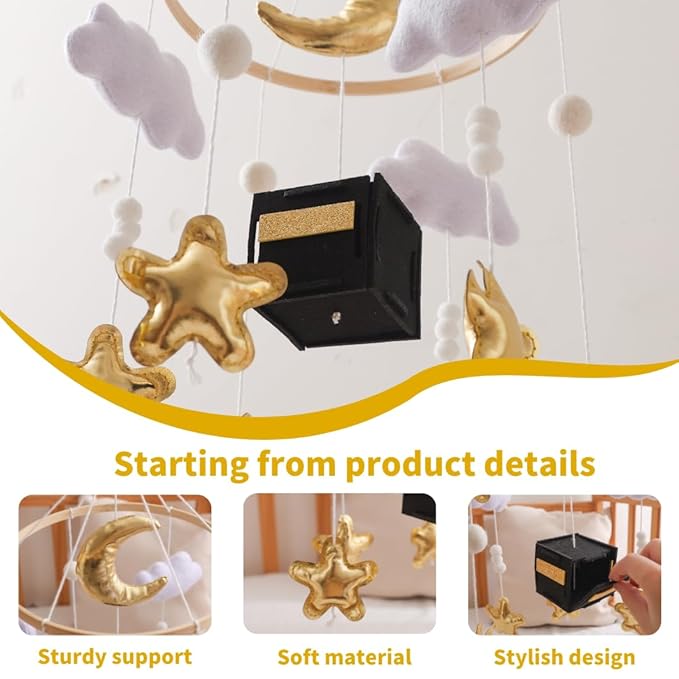 Baby Crib Mobile Nursery Decoration Moon and Stars Hanging Mobile Gender-Neutral Baby Mobile for Crib Handmade Newborn Nursery Decor Easy to Assemble & Durable (Golden Moon)