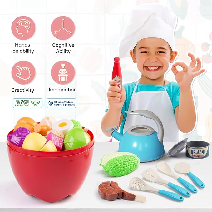 100Pcs Kitchen Playset, Kids Pretend Cooking Play Pots, Pans, Utensils, Cookware, Toy Food Fruits Veggies, with 2 Large Apple - Shaped Storage, Toddler Cooking Learning Gift (Turquoise)