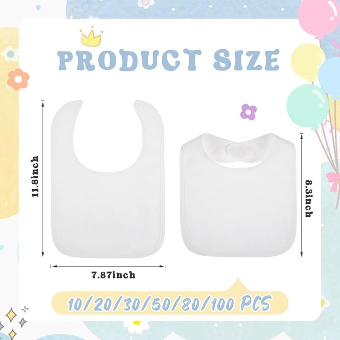 Toulite 100 Pcs White Bibs for Baby Washable Reusable Waterproof Cotton Feeder Bibs with Double Sided Design for Baby Shower Activity and Gifts