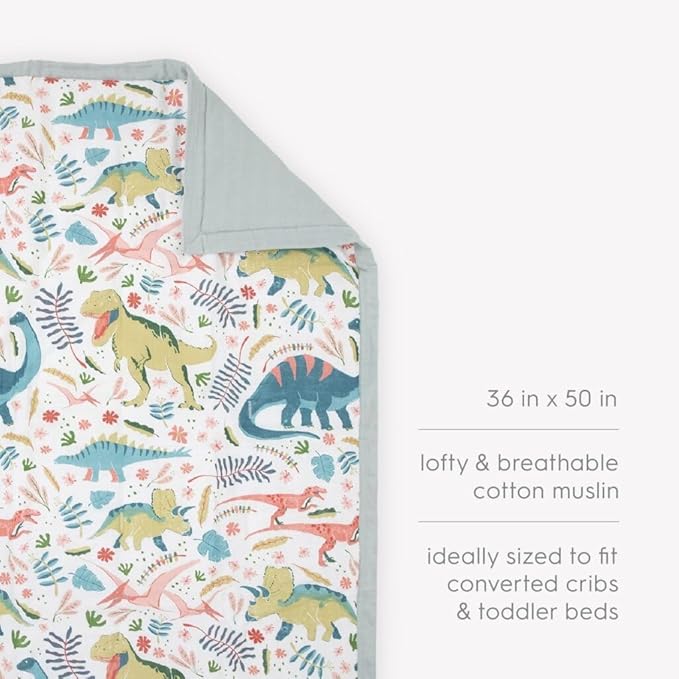 Little Unicorn Lofty Comforter Blanket | Super Soft & Breathable Muslin Fabric| Great for Play & Bedtime Blanket (Boho Dino)