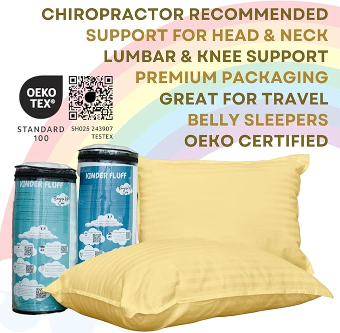 kinder Fluff Children Pillow (2Pack) 10x15in - First Pillow for Kids Age 2+, 100% Cotton Sateen Stripes Shell 300T, Down Alternative Fill, Machine Washable - Children & Travel Cushion - Yellow - XS