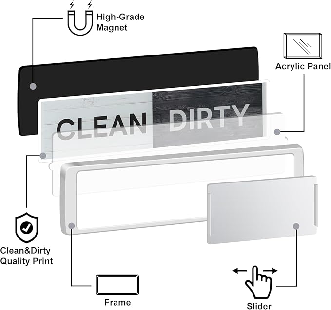 KitchenTour Dishwasher Magnet Clean Dirty Sign, Strong Magnet Clean Dirty Sign for Dishwasher, Farmhouse Wood Design Non-Scratch Dish Washer Indicator Kitchen Decor, Silver