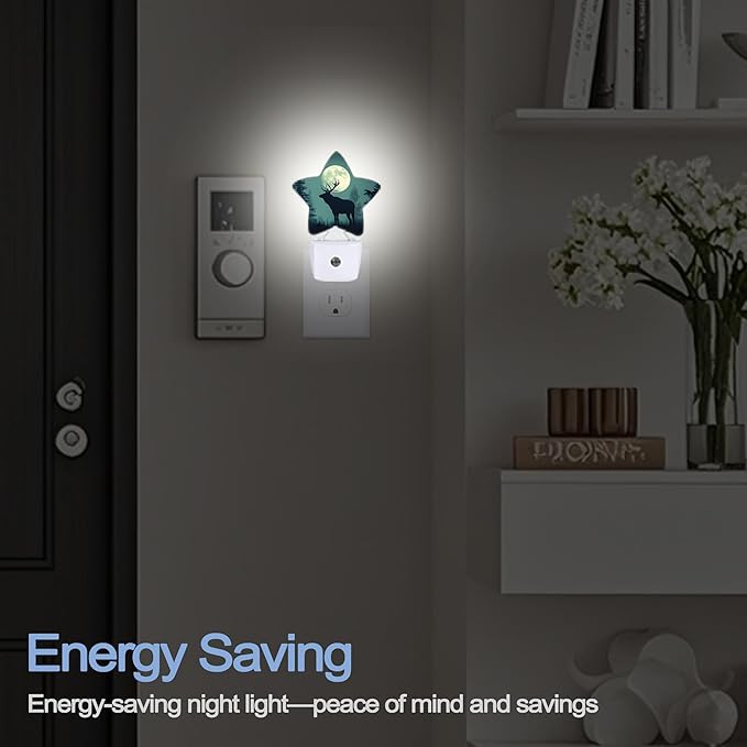 Night Light,Forest Deer Plug into Wall with Dusk to Dawn Light Sensors,Moon Misty Mountains Warm Star Nightlights for Bedroom,Bathroom,Hallway,Kitchen Home Decor Desk Lamp