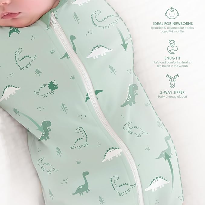 Baby Swaddle 0-2 Months, Cotton Arm-In Zipper Sleep Sack, Wearable Blankets Wrap for Newborn Infant Boys (Dinosaur, Stripe, Pack of 2)