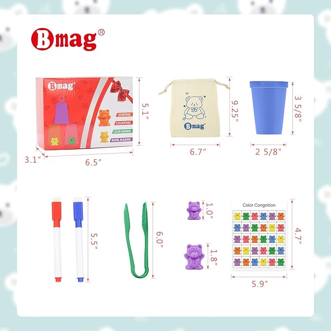 Bmag Counting Bears with Matching Sorting Cups, Preschool Math Learning Game with 24 Big and Little Bears, STEM Educational Learning Activities for Kids Age 3-5