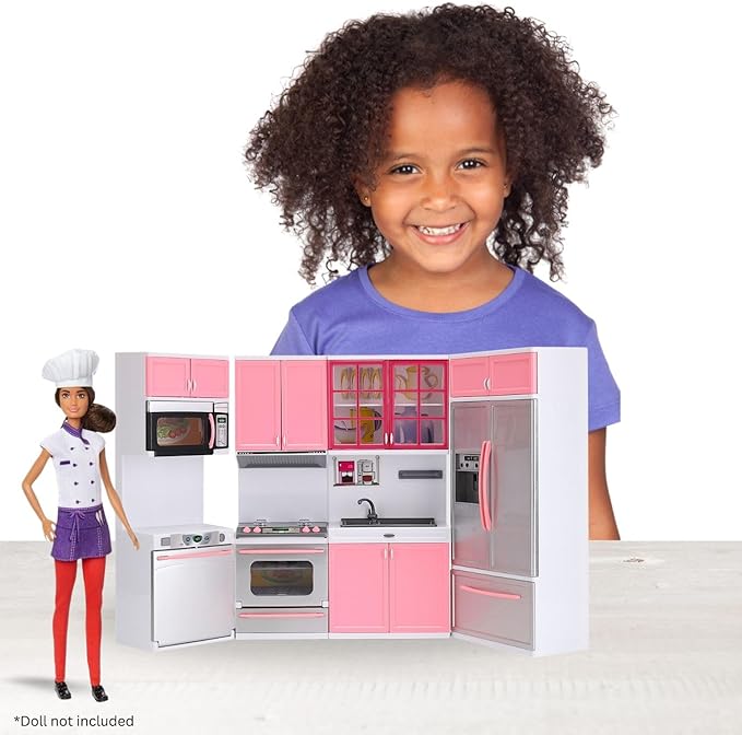 Doll Kitchen Playset for Kids, My Modern Mini Kitchen House Furniture Pretend Play Toy Accessories Set with Realistic Lights & Sounds for Toddlers, Girls (4-in-1)