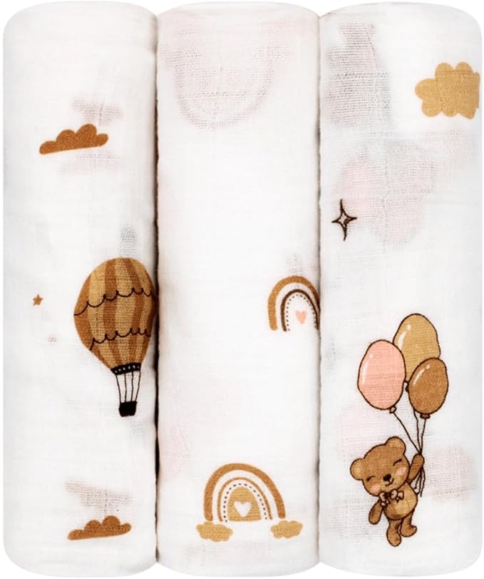 100% Muslin Cotton Baby Receiving Cloths, 3-Pack, 27x27 in (70x70cm), Soft & Gentle for Newborns, Sensitive Skin Safe, For Feeding, Burping & Comfort, 0+ Months (Teddy Bear/Rainbow/Hot Air Balloon)
