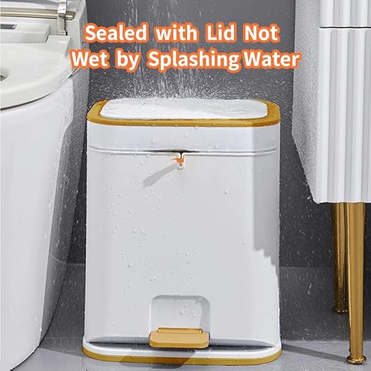 Bathroom Trash Can with Lid, Plastic 3 Gallon Garbage can with Press top Lid Gold Step Pedal Trash can, Narrow White Trash bin for Bathroom, Bedroom, Restroom, Living Room, Office, Dog Proof Trash Can