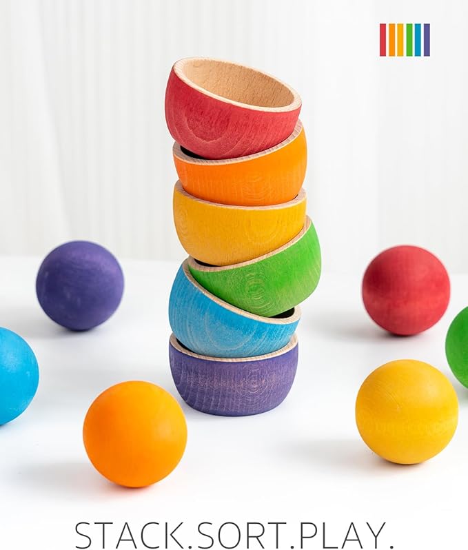 Ball in Cup Toddler Montessori Color Sorting Toy Wooden Ball Toy Learning Color and Matching for Kids with 6 Toddler Safe Balls and Cups