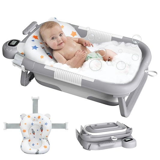 Collapsible Baby Bath Tub for Newborn to Toddler with Floating Cushion for Bath Support, Portable Baby Bath Tub with Real-Time Temperature Monitor, Baby Bath Essentials, Gray