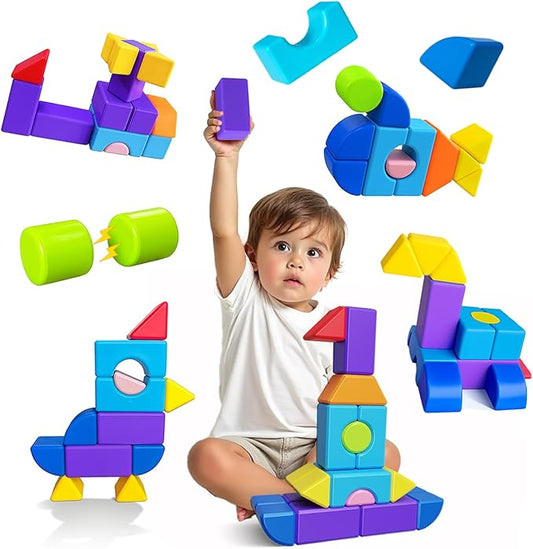 Magnetic Building Blocks for Toddlers 3+, Large Magnetic Stacking Blocks in 8 Shapes, Montessori Building Toy, Colorful Magnet Toys for Kids Ages 3-5 (22PCS)