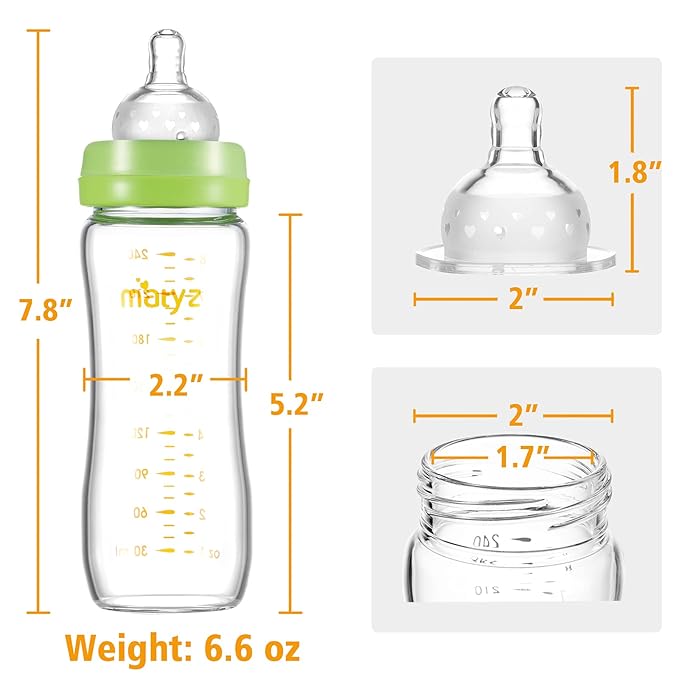 Matyz 8 Ounce Glass Baby Feeding Bottle With Nipple - Light and Slim, Easy to Hold and Clean - Food Grade Borosilicate Glass, Wide Neck for Breastmilk Feeding, No BPA (Green Lids)