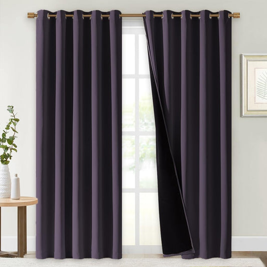NICETOWN 100% Blackout Window Curtain Panels, Greyish Purple, 2 Pieces, 70" Wide Each Panel, Cold and Full Light Blocking Drapes with Black Liner for Nursery, 84" Drop Thermal Insulated Draperies