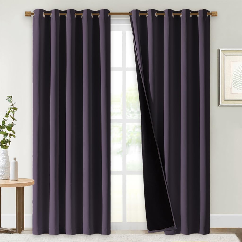 NICETOWN 100% Blackout Window Curtain Panels, Greyish Purple, 2 PCs, 62" Wide Each Panel, Cold and Full Light Blocking Drapes with Black Liner for Nursery, 84 inches Drop Thermal Insulated Draperies