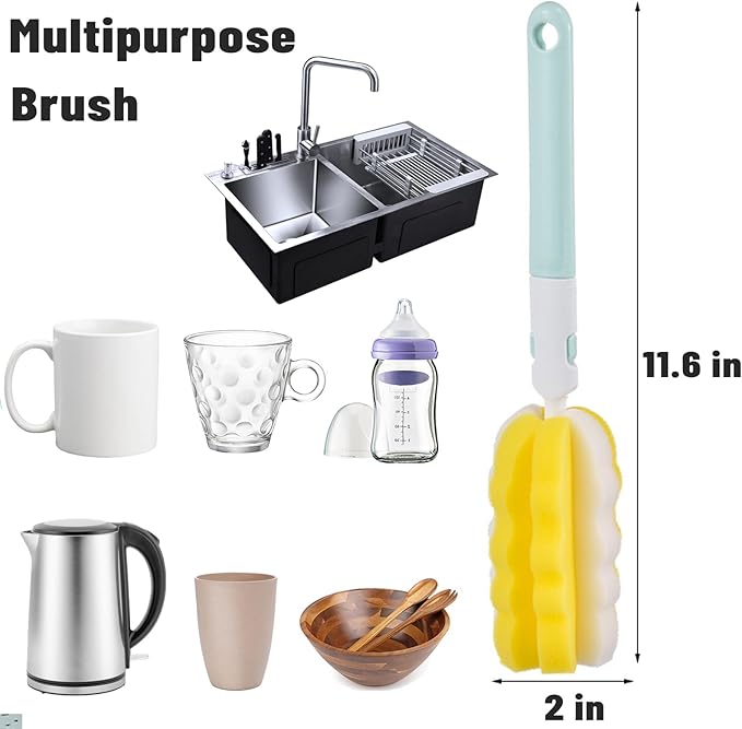 INVODA 4PCS Bottle Brush Long Handle Cup Cleaner Brush Sponge Bottle Scrubber Replaceable Brush Head Portable Bottle Cleaning Brush for Baby Bottle Dishwashing Kitchen Clean Mugs (4PCS+ 4 Brush heads)