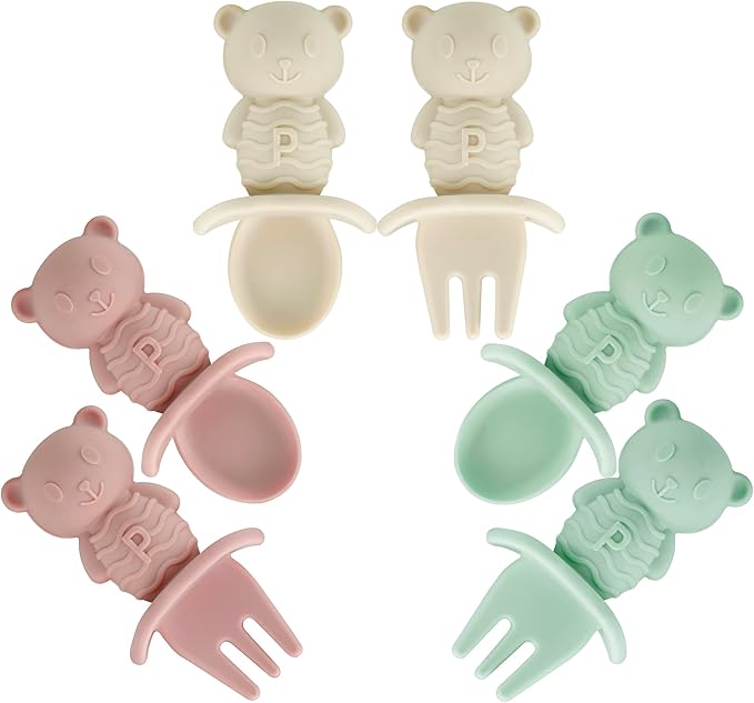PandaEar 6 Pack Baby Led Weaning Spoons Forks 6+ Months | Silicone Baby Spoons and Fork Self Feeding Utensils, Toddler Infant Anti-Choke Feeding Utensils, Bear Shape (Pink Green Linen)