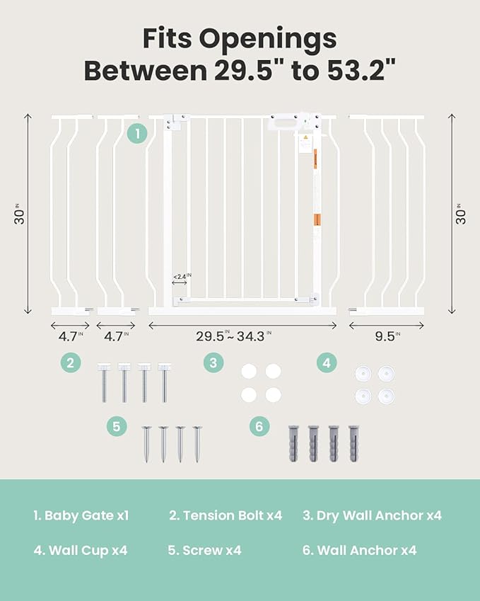 Mom's Choice GROWNSY Baby Gate, 29.5"-53" Auto-Close Dog Gate for Stairs & Doorways, Pressure-Mounted Easy Install Baby Gate - No Drill, Walk Through, Safe & Durable