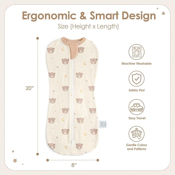 Baby Swaddle 0-2 Months, Cotton Arm-In Zipper Sleep Sack, Wearable Blankets Wrap for Newborn Infant Girls and Boys (Bear, Pack of 1)