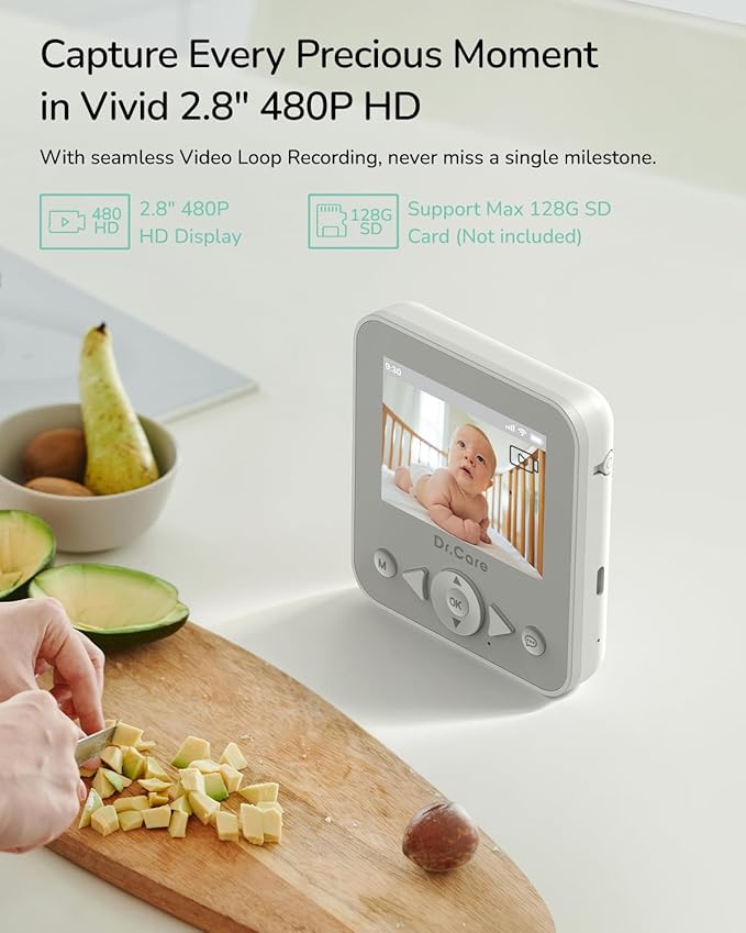 Dr.Care NeoView Baby Monitor No WiFi with Belt Clip Design - 2.8” Screen, 2-Way Audio, Video Loop Recording, Night Vision, Real-Time/VOX Monitoring, Temperature Sensor, Lullabies