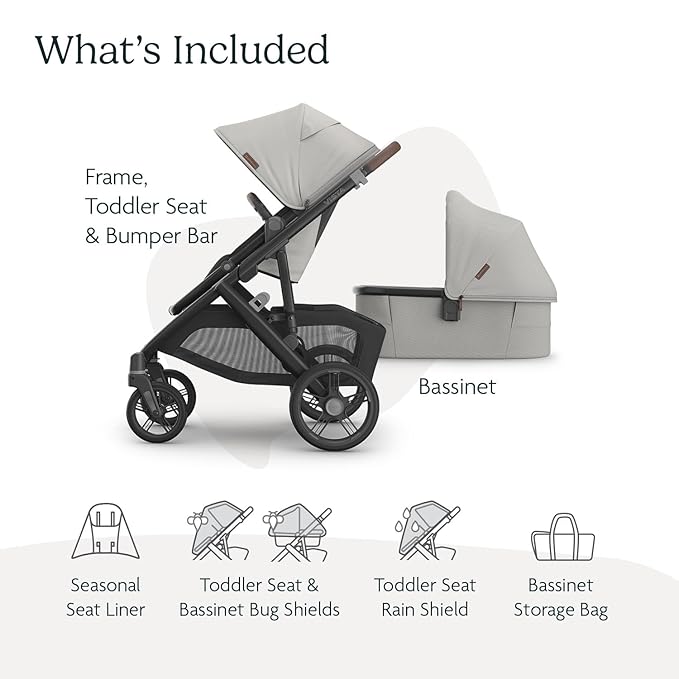 UPPAbaby Vista V3 Stroller + Bassinet V3 - Convertible Single-to-Double Stroller System- Bassinet, Toddler Seat, Bug Shield, Rain Shield Included - Savannah (Pearl Gray/Carbon Frame/Chestnut Leather)